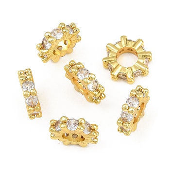 Brass Pave Clear Cubic Zirconia European Beads, Large Hole Beads, Flat Round, Rack Plating, Long-Lasting Plated, Lead Free & Cadmium Free, Golden, 12x3mm, Hole: 5mm