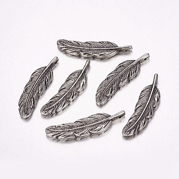 CCB Plastic Pendants, Feather, Antique Silver, 42x11x3.5mm, Hole: 1mm