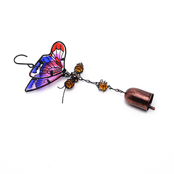 Iron Wind Chimes, Small Wind Bells Handmade Glass Pendants, 3D Butterfly, Red Copper, 325x87mm