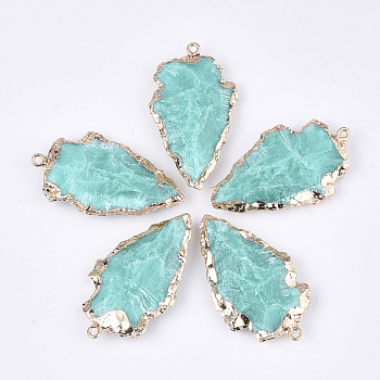 Resin Pendants, Pointed Pendants, with Iron Findings, Arrowhead, Golden, Dark Turquoise, 44~46x25~26x9~11mm, Hole: 1.8mm