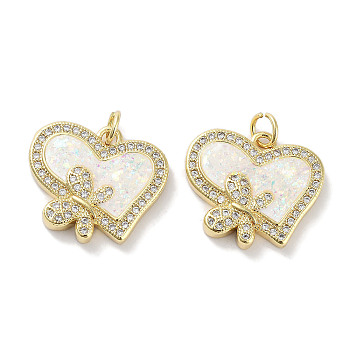 Brass Micro Pave Clear Cubic Zirconia Pendants, with Synthetic Opal and Jump Rings, Real 18K Gold Plated, Heart with Butterfly Charms, White, 17x19x3mm, Hole: 3mm