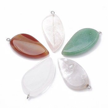 Natural Mixed Stone Pendants, with Platinum Tone Brass Findings, Leaf, 43~48x22~25x8~9mm, Hole: 1.5mm