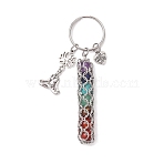 Yoga Natural Amethyst & Carnelian & Red Jasper & Green Aventurine & Tiger Eye & Synthetic Turquoise Keychains, with 304 Stainless Steel Split Key Rings, Antique Silver & Platinum, 91mm, ring: 25x3mm, bullet: 61.5x10mm, flower: 13x12x1.5mm, human: 20x16x3mm, pendat: 11.5x10x1.5mm(KEYC-JKC01221-02)