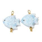 Handmade Porcelain Pendants, with Brass Findings, Hand Painted, Fish Charms, Light Sky Blue, Real 18K Gold Plated, 26x22x7mm, Hole: 3mm(PR-CBA8966-03G)