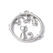 Brass Pendants, Round Ring with Cat & Star Charm, Real Platinum Plated, 16x16x2mm, Hole: 1mm(KK-F846-03P)