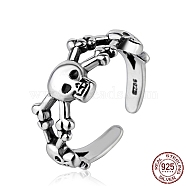 Thailand Sterling Silver Skull Spider Open Cuff Finger Ring, Gothic Jewelry for Women, Silver, Inner Diameter: 16mm(SKUL-PW0002-042S)