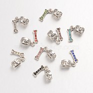 Bone Large Hole Alloy Glass Rhinestone European Dangle Charms, Antique Silver, Mixed Color, 20 mm, Hole: 4.5mm(MPDL-L013-16)