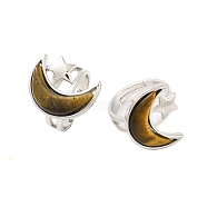 Moon & Star Natural Tiger Eye Adjustable Rings, Rack Plating Brass Ring for Women, Platinum, US Size 8 1/2(18.5mm)(G-B085-18P-07)