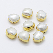 Natural Cultured Freshwater Pearl Beads, Edge Golden Plated, Potato, Golden, 10~12x10~13x6~9mm, Hole: 0.5mm(PEAR-F006-58G)
