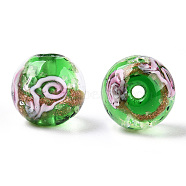 Luminous Handmade Gold Sand Lampwork Beads, Glow in the Dark, Round with Flower, Light Green, 10x9mm, Hole: 1.6mm(LAMP-T021-03G)