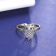 304 Stainless Steel Open Cuff Rings, Hollow Owl, Stainless Steel Color, Inner Diameter: 19mm(RJEW-H213-01P)