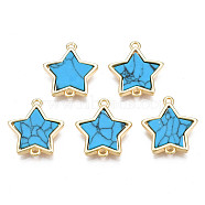 Brass Connector Charms, with Synthetic Turquoise, Cadmium Free & Nickel Free & Lead Free, Real 18K Gold Plated, Star, Deep Sky Blue, 17x15.5x3mm, Hole: 1.2mm(KK-N233-173B-01C)
