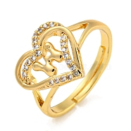 Heart with Letter Rack Plating Brass Micro Pave Clear Cubic Zirconia Adjustable Rings for Women, Lead Free & Cadmium Free, Real 18K Gold Plated, Letter W, Inner Diameter: 16mm(RJEW-I105-01G-W)