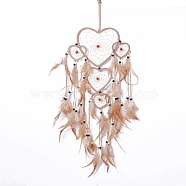 Handmade Heart Woven Net/Web with Feather Wall Hanging Decoration, with Flocking Cloth & ABS/Wooden Beads, for Home Offices Amulet Ornament, Beige, 720x230mm, Pendant: 570mm long(HJEW-A001-04)