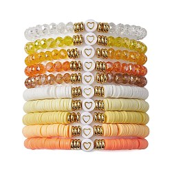 10Pcs Polymer Clay Disc & Glass & Brass Beaded Stretch Bracelets Set, Heart Stackable Bracelets, Yellow, Inner Diameter: 2-1/8 inch(5.4cm)(BJEW-JB09676-03)
