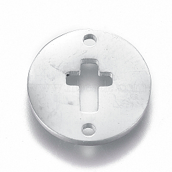 Tarnish Resistant 304 Stainless Steel Links connectors, Flat Round with Cross, for Easter, Stainless Steel Color, 12x1mm, Hole: 1.2mm(STAS-L224-018P)