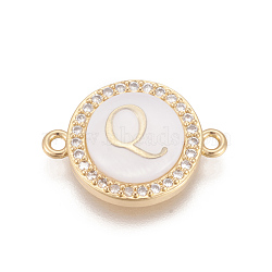 Eco-Friendly Brass Micro Pave Cubic Zirconia Links, with Shell, Long-Lasting Plated, Lead Free & Cadmium Free & Nickel Free, Real 18K Gold Plated, Flat Round with Letter, Clear, Letter.Q, 13.5x18.5x4.5mm, Hole: 1.4mm(ZIRC-L078-006Q-NR)