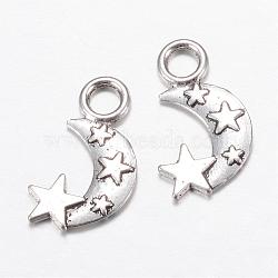 Tibetan Style Alloy Pendants, Moon & Star, Cadmium Free & Lead Free, Antique Silver, 18x11x1mm, Hole: 3mm, about 1810pcs/1000g(TIBE-S299-044AS-RS)