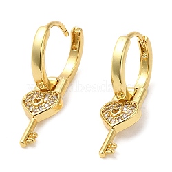 Brass with Cubic Zirconia Heart Key Dangle Hoop Earrings, Cadmium Free & Lead Free, Real 18K Gold Plated, 26x14x3mm(KK-Z033-31G)