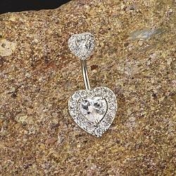 304 Stainless Steel Belly Rings, with Micro Pave Cubic Zirconia, Heart, Stainless Steel Color, pin: 1.6x10mm(WGE61B2-01)