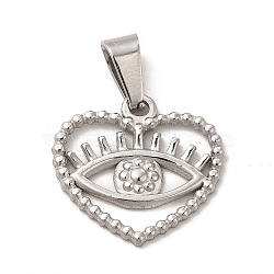 304 Stainless Steel Pendants, Heart with Eye Charms, Stainless Steel Color, 17.5x18.5x1.5mm, Hole: 6x3.5mm(STAS-A073-08P)