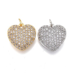 Brass Micro Pave Clear Cubic Zirconia Pendants, Long-Lasting Plated, with Jump Rings, Heart, Mixed Color, 15x15x7mm, Jump Rings: 5x1mm, Inner Diameter: 3mm(ZIRC-M108-34)