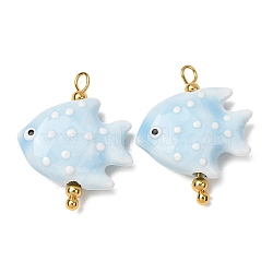 Handmade Porcelain Pendants, with Brass Findings, Hand Painted, Fish Charms, Light Sky Blue, Real 18K Gold Plated, 26x22x7mm, Hole: 3mm(PR-CBA8966-03G)
