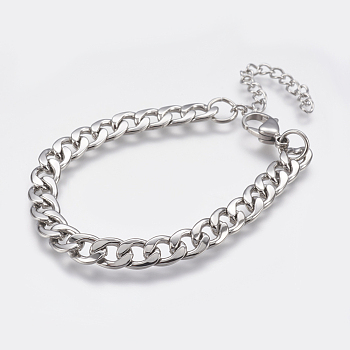 Men's 304 Stainless Steel Curb Chain Bracelets, with Lobster Claw Clasps, Cuban Link Chain Bracelets, Stainless Steel Color, 6-7/8 inch(175mm), 7mm