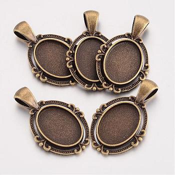 Tibetan Style Alloy Oval Pendant Cabochon Settings, Cadmium Free & Nickel Free & Lead Free, Antique Bronze, Tray: 18x13mm, 34.5x21x2.5mm, Hole: 7x4mm, about 302pcs/1000g