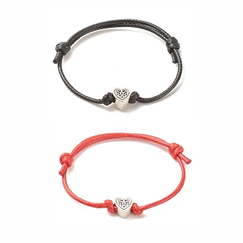 2Pcs 2 Colors Alloy Heart Beaded Cord Bracelets Set, Adjustable Bracelets for Women, Red & Black, Inner Diameter: 1-5/8~3-1/4 inch(4.2~8.2cm), 1Pc/color