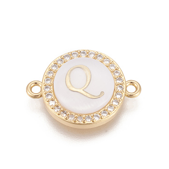 Eco-Friendly Brass Micro Pave Cubic Zirconia Links, with Shell, Long-Lasting Plated, Lead Free & Cadmium Free & Nickel Free, Real 18K Gold Plated, Flat Round with Letter, Clear, Letter.Q, 13.5x18.5x4.5mm, Hole: 1.4mm