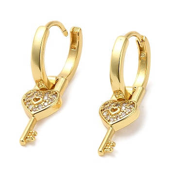 Brass with Cubic Zirconia Heart Key Dangle Hoop Earrings, Cadmium Free & Lead Free, Real 18K Gold Plated, 26x14x3mm