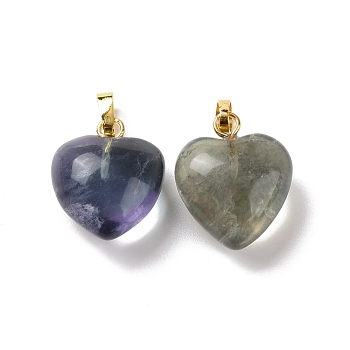 Natural Fluorite Pendants, with Golden Tone Brass Findings, Heart Charm, 18x15~15.5x6~8mm, Hole: 6x3mm