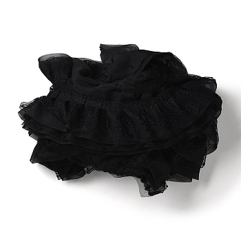 3-Layer Pleated Chiffon Flower Lace Trim, Polyester Ribbon for Jewelry Making, Garment Accessories, Black, 5-1/8 inch(130mm)