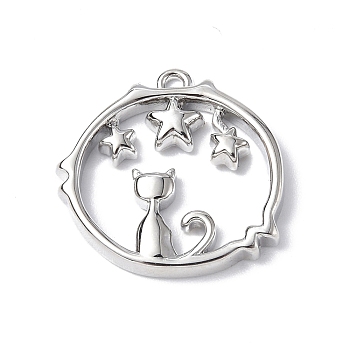 Brass Pendants, Round Ring with Cat & Star Charm, Real Platinum Plated, 16x16x2mm, Hole: 1mm
