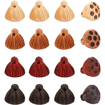 CHGCRAFT 16Pcs 4 Colors Engraved Wooden Charms, Undyed, Lotus Pod, Mixed Color, 14.5x14.5~15mm, Hole: 1.8mm, 4pcs/color