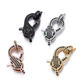 Brass Micro Pave Black & Green Cubic Zirconia Lobster Claw Clasp, Long-Lasting Plated, with Jump Rings, Snake Shape, Mixed Color, 23x12.5x7mm