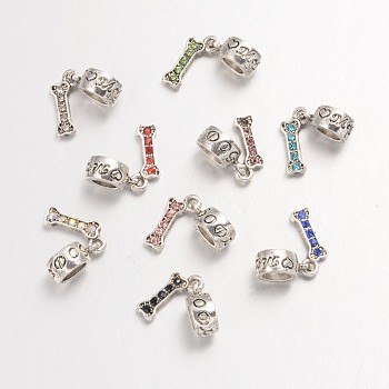 Bone Large Hole Alloy Glass Rhinestone European Dangle Charms, Antique Silver, Mixed Color, 20 mm, Hole: 4.5mm