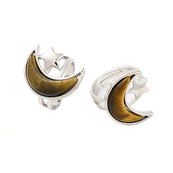 Moon & Star Natural Tiger Eye Adjustable Rings, Rack Plating Brass Ring for Women, Platinum, US Size 8 1/2(18.5mm)