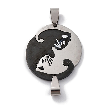 201 Stainless Steel Split Pendants, Couple Cat Charm, Anti-Tarnish, Stainless Steel Color & Black, 29x27x2mm, Hole: 7.5x3mm