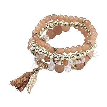 Multi-layered Stretch Bracelets Sets, Stackable Bracelets, with Acrylic Beads, Golden Plated Alloy Findings and Yarn Tassel Pendants, Bisque, Inner Diameter: 1-7/8~2-1/8 inch(4.9~5.4cm), 4pcs/set