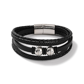 Men's Braided Black PU Leather Cord Multi-Strand Bracelets, Round 304 Stainless Steel Link Bracelets with Magnetic Clasps, Stainless Steel Color, 8-1/2 inch(21.5cm)