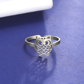 304 Stainless Steel Open Cuff Rings, Hollow Owl, Stainless Steel Color, Inner Diameter: 19mm