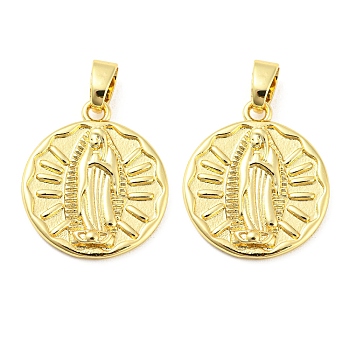 Rack Plating Brass Pendants, Lead Free & Cadmium Free, Flat Round with Saint Charm, Real 18K Gold Plated, 21x18x2.5mm, Hole: 5.5x3mm