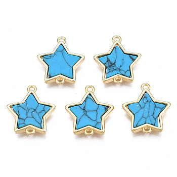 Brass Connector Charms, with Synthetic Turquoise, Cadmium Free & Nickel Free & Lead Free, Real 18K Gold Plated, Star, Deep Sky Blue, 17x15.5x3mm, Hole: 1.2mm