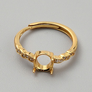 925 Sterling Silver Adjustable Ring Components, with Cubic Zirconia, 4 Prong Ring Settings, Round, Golden, Tray: 6mm, 2mm, Inner Diameter: 16.6mm