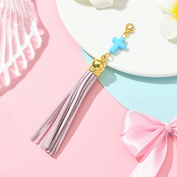 Cross Acrylic & Faux Suede Tassel Pendant Decorations, with Alloy Lobster Claw Clasps, Plum, 120mm