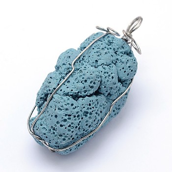 Irregular Synthetic Lava Rock Big Pendants, with Platinum Plated Brass Findings, Dyed, Sky Blue, 61x26x27mm, Hole: 6.5mm