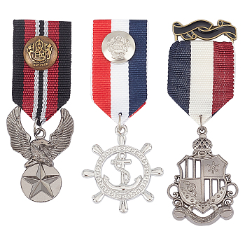 AHADERMAKER 3Pcs 3 Style Alloy Pendant Lapel Pin, Men's Polyester Brooch, Antique Bronze & Platinum, Medal & Eagle & Helm with Anchor, Mixed Color, 83~95x29~36x7.5~12.5mm, 1pc/style