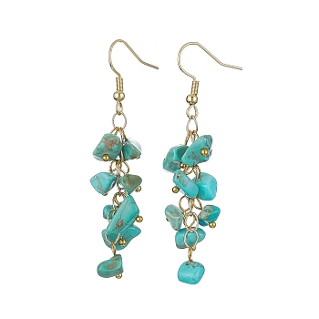 Synthetic Turquoise Chips Dangle Earrings, Golden 304 Stainless Steel Cluster Earrings, 58~60x12~16mm